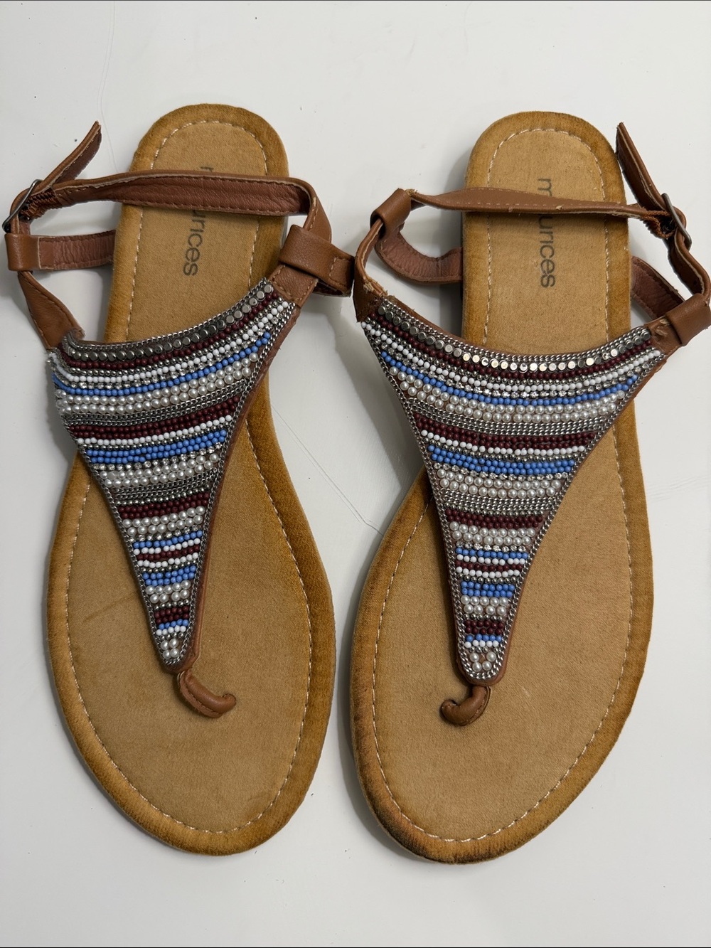 Maurices Brown Beaded T-Strap Sandals with Blue Accents size 8